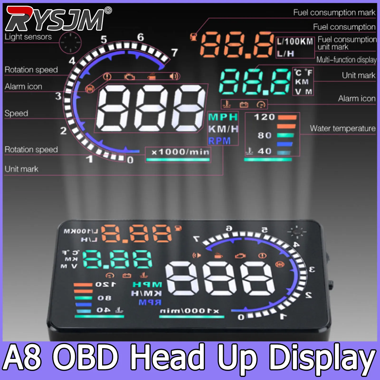 Pantalla de visualización frontal para coche, tacómetro RPM A8 OBD HUD, velocímetro con alarma de exceso de velocidad, accesorios electrónicos para automóvil 1