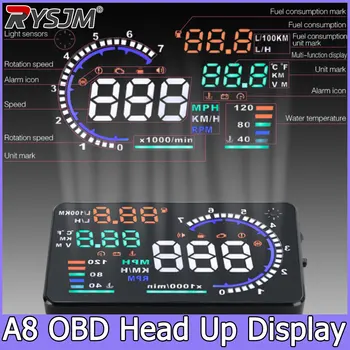 Pantalla de visualización frontal para coche, tacómetro RPM A8 OBD HUD, velocímetro con alarma de exceso de velocidad, accesorios electrónicos para automóvil 1