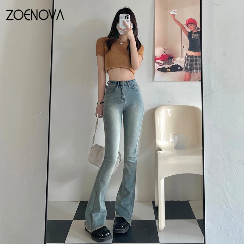 

ZOENOVA Jeans Women Fashion Flare Jeans Tassel Baggy Denim Trousers High Waist Loose Elasticity Korean Style Street Femme Pants