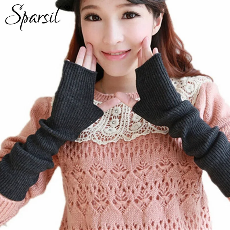 Sparsil Women's Winter&Autumn Christmas Cashmere Blend Knitted Long Gloves Solid Color Fashion Warm For Lady Elbow Mittens