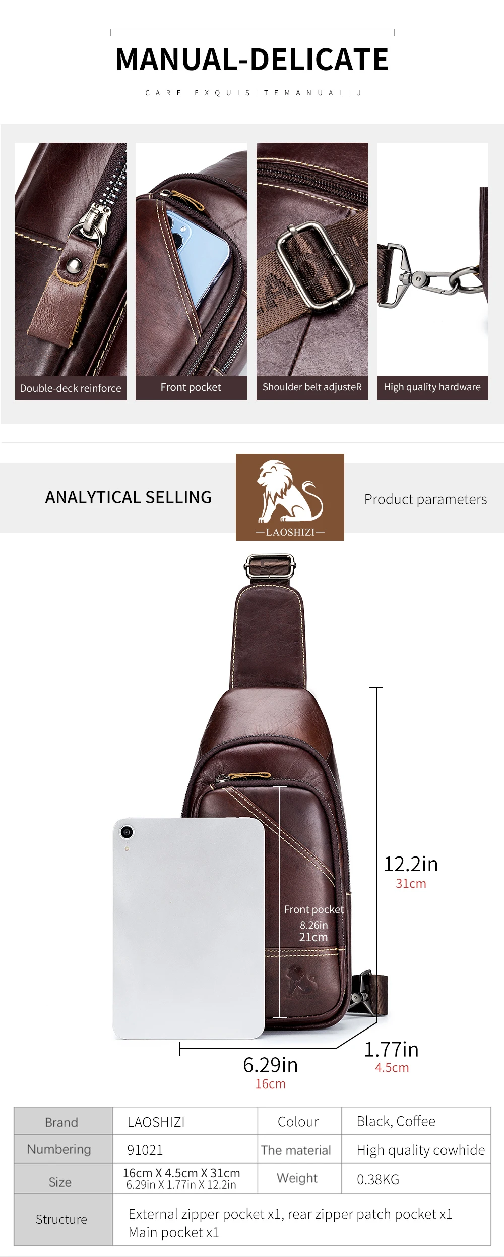 Herren-Rindsleder-Brusttasche, Vorhaut schicht aus echtem Leder, lässige Herren-Umhängetasche aus Rindsleder, Umhängetasche mit großer Kapazität – Detail 6