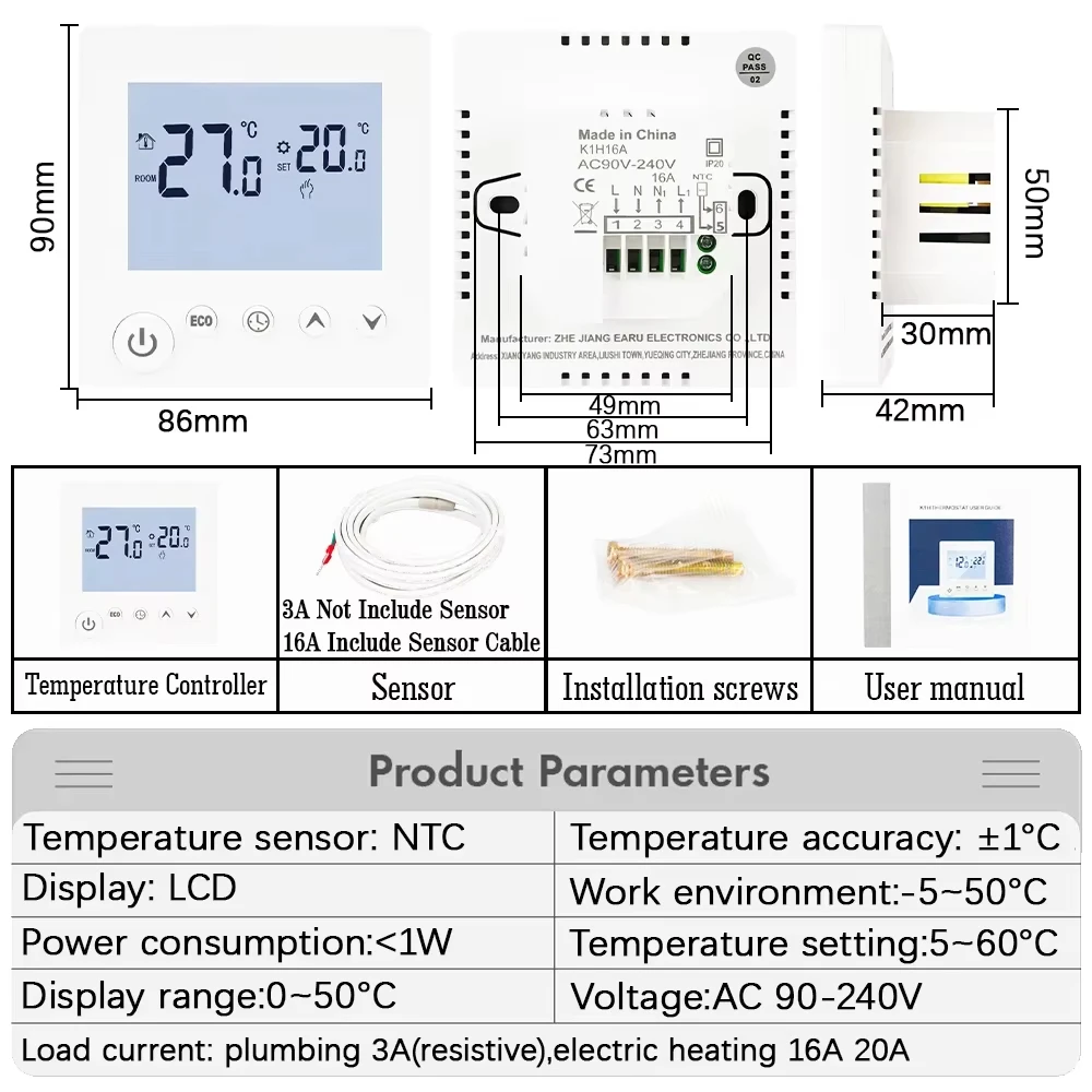 AC90V-240V 3A 16A Water Electric Floor Heating TRV House Room Thermostat Tempera