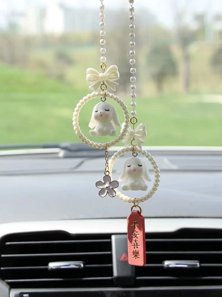 

Car Charm Pendant Car Rearview Mirror Ornament Peace And Joy Cute Bunny Beautiful Decoration Items On The Car