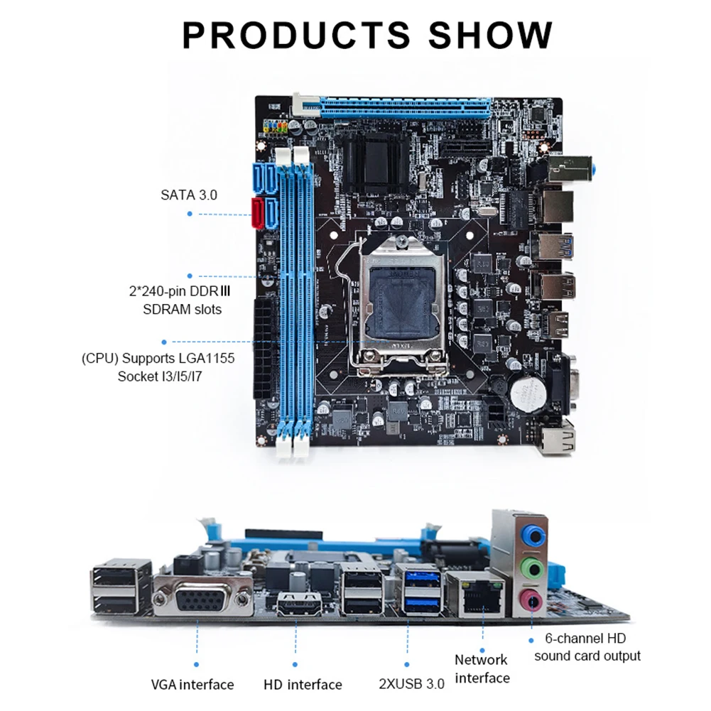 B75 Motherboard 16GB 24Pin LGA 1155 Support USB3.0 SATA3.0+VGA+RJ45+HDMI-compatible Ports with PCIe 16x Integrated Graphics