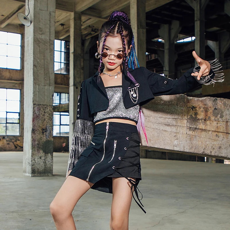 

Kpop Jazz Dancing Outfit Girls Shiny Tassel Stage Costume HipHop Dancewear Children Festival Clothing Cheerleader Clothes DL9010