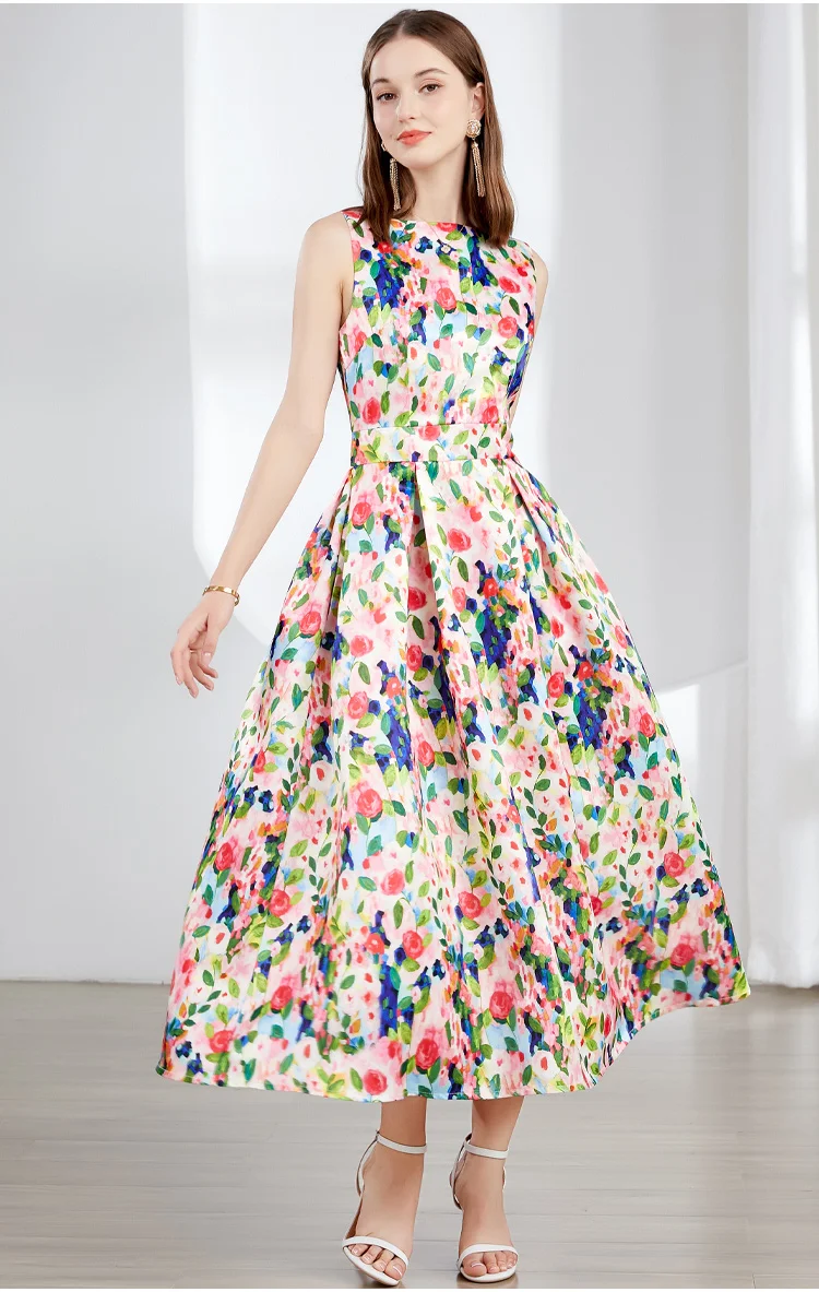 Fashion Colorful Floral Print Jacquard Summer Dresses Women