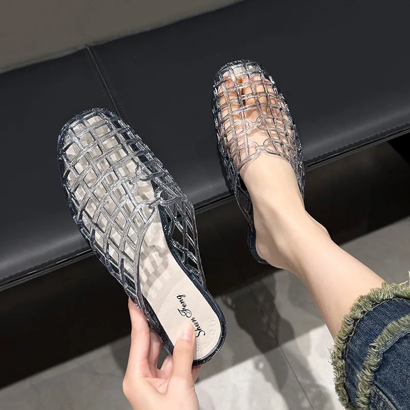 Women's slippers summer breathable women's cool sandals summer sparkling flat hollow out versatile hooded cool sandals for women 5