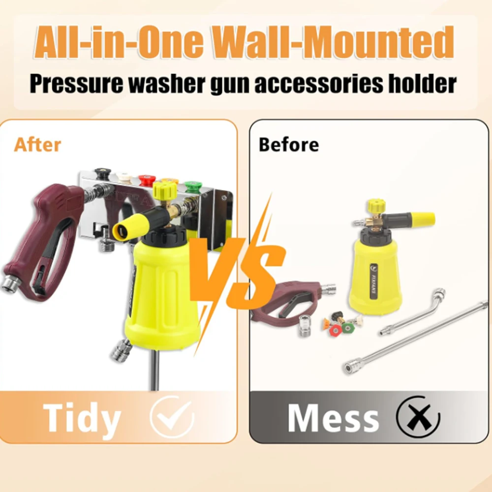 Pressure Washer Gun Holder, Power Washer Snow Foam Cannon Lance 1/4" Quick Connect Tool Organizer, Wall Mounted Nozzle Tips and 2