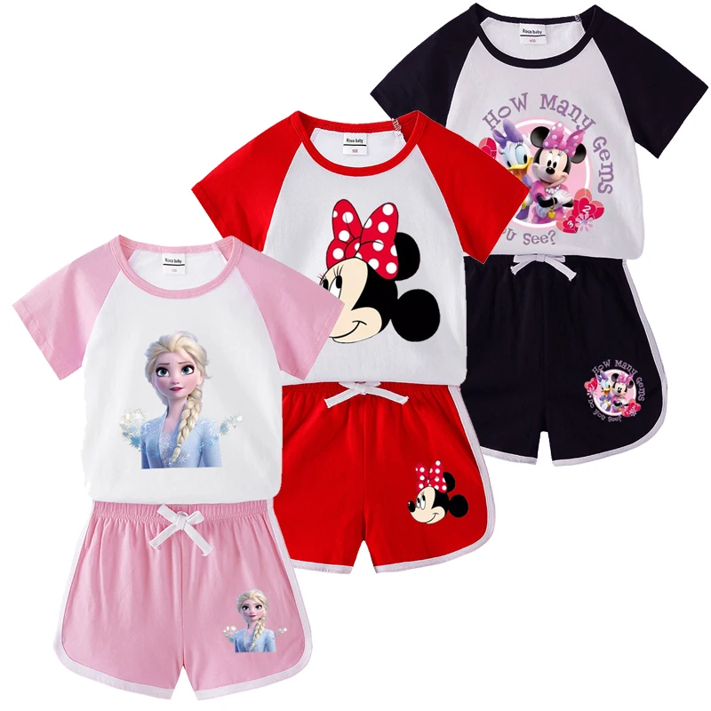 

Frozen Summer Baby Girls Minnie Cotton Short Sleeve T-shirt + Shorts 2Pcs Suit Girls Elsa Clothes Sets Infant Cartoon Clothing