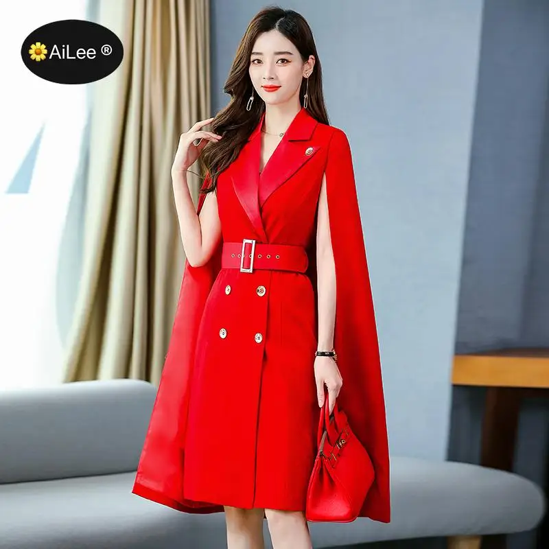 New High-end Shawl Cloak Dress Blazer Female Winter Women Formal Office Korean Belt Waist Double-breasted Black Blazer Dresses