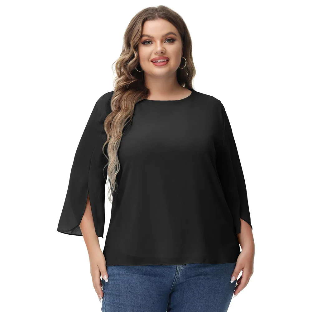 GK Women's Summer Casual Loose 3/4 Sleeve Crew Neck Split Sleeves Casual Chiffon Blouse Tops Half Ruffle Sleeve Tops A30