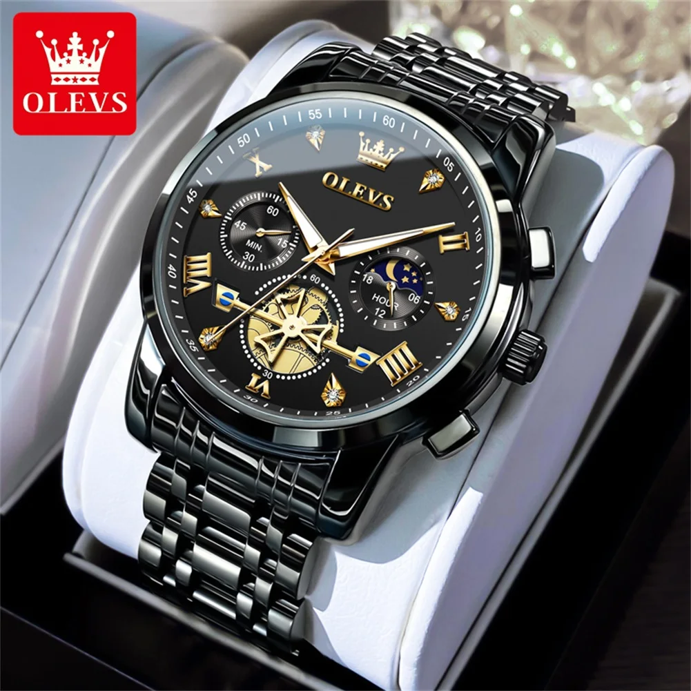 OLEVS Men's Moon Phase Quartz Watch - 30m Waterproof, Luminous Stainless Steel Wristwatch with Genuine Fashion Design, Box Set