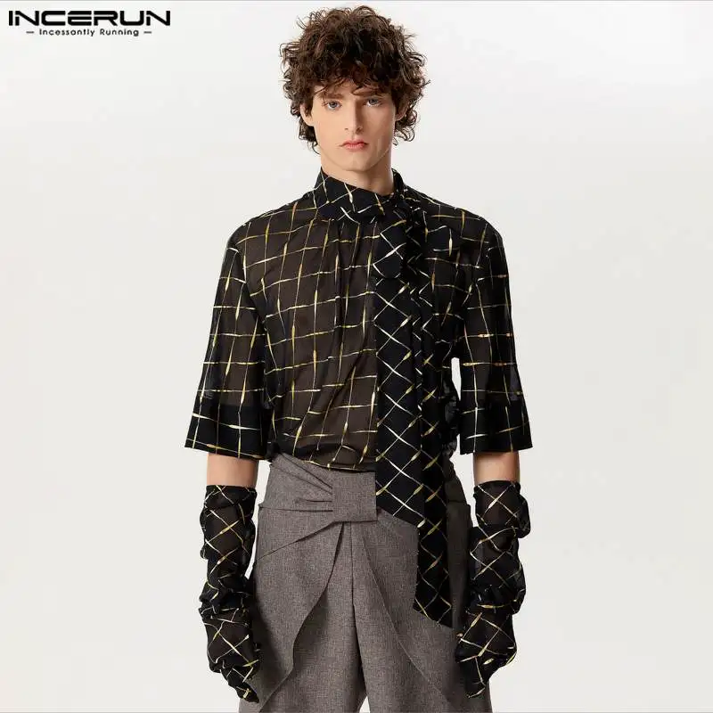 

INCERUN Tops 2024 American Style Fashion Men's Checkered Mesh Thimble Design Shirts Casual Tie Collar Short Sleeved Blouse S-5XL