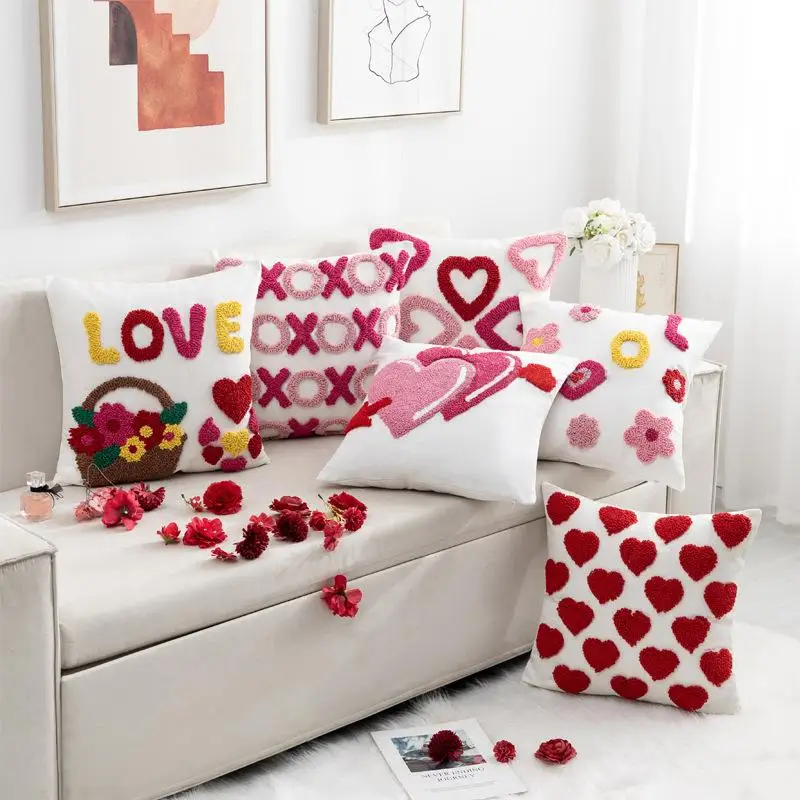 Valentinstag getufteter herzförmiger Kissenbezug Cojines Baumwollhandtuch Stickerei Sofa Überwurf Kissenbezug Kopfteil Kissenbezüge – Detail 3