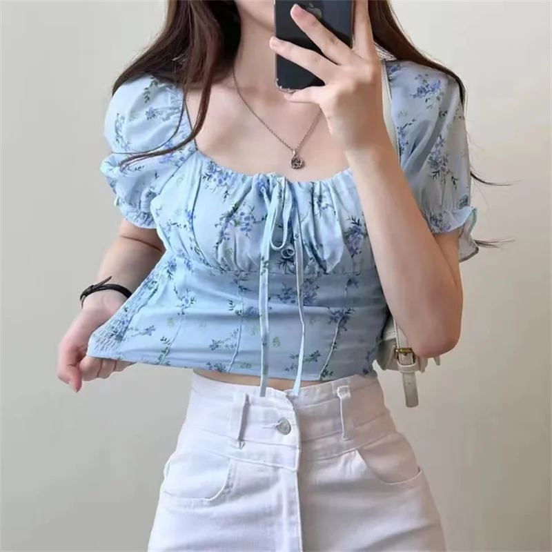 

French Women's Blouse 2023 Summer New Sweet Flower Print Square Collar Chic Drawstring Short Sleeve Shirt Fashion Crop Top P940