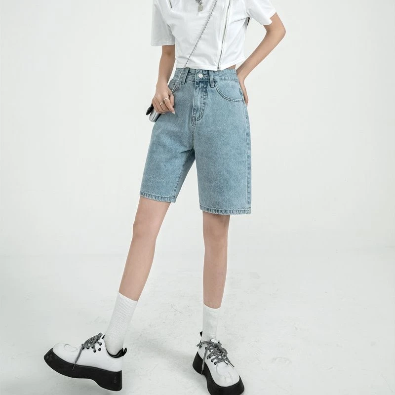 Shorts Women's Blue Washed Cotton Loose Learning Spring and Summer New Small Straight Jeans Button Design Thin High Waist Pants