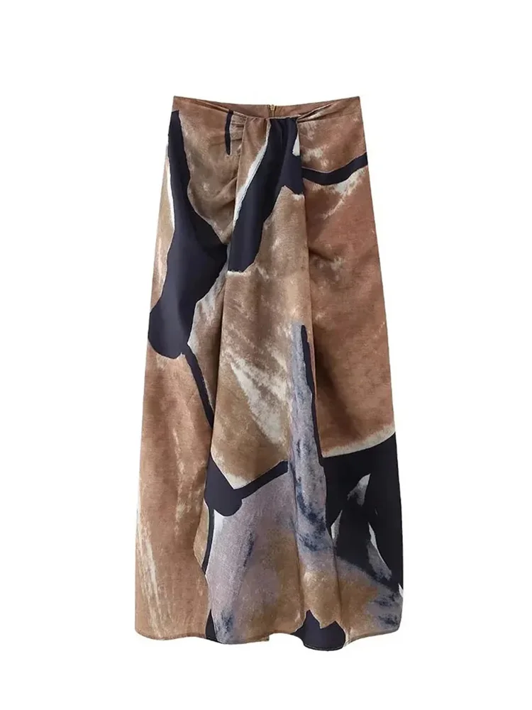 

HH TRAF Summer Women's Vintage Printed Wrap Skirt Fashion High Waist Front Pleat Women's Back Zipper Casual Skirt Streetwear