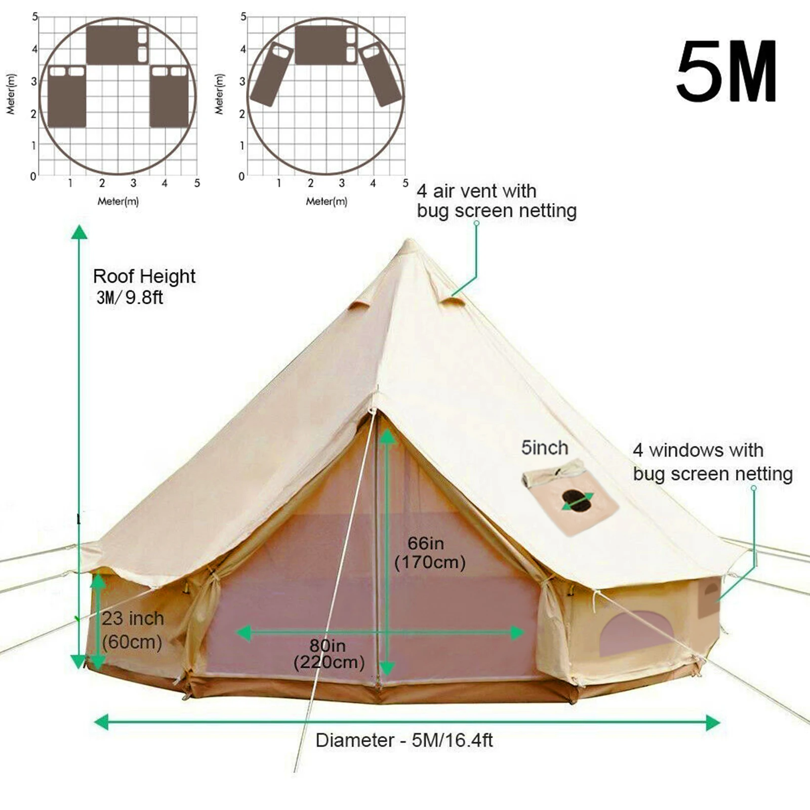 Premium Canvas Bell Tent with Stove Hole / 3m / 4m / 5m / 6m / 7m / 4-12 Persons / Spacious / Durable Glamping & Camping Tents 8