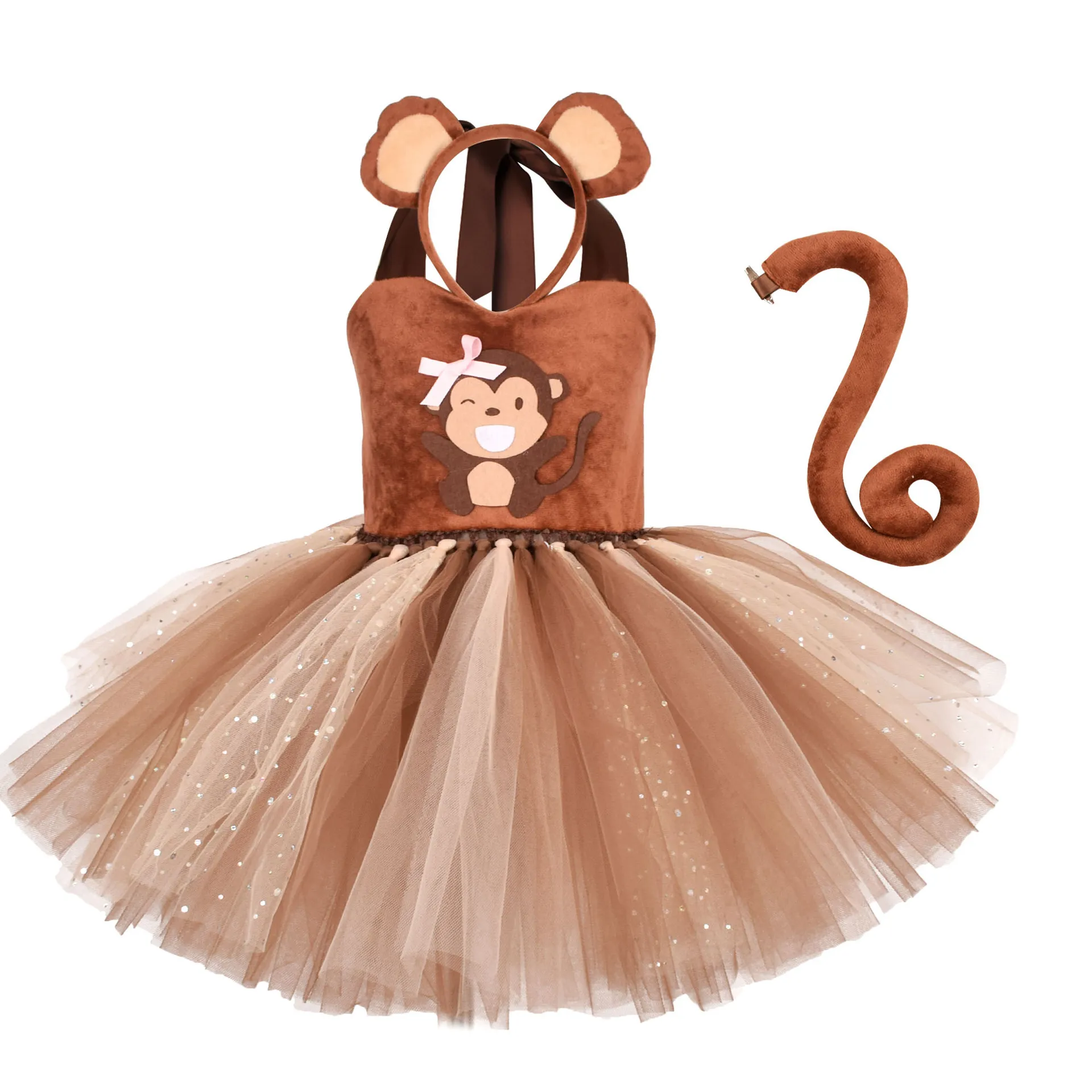 thumbnail image 1 of Vestido de tul de malla para niños con diseño de mono animal, disfraces de cosplay para el Día de los Niños, disfraces de baile de actuación para niñas, 1 of 4