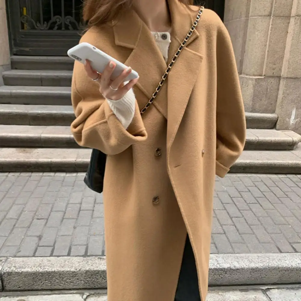 

Women Woolen Coat Stylish Women's Winter Woolen Coat with Double-breasted Design Long Sleeves Notch Collar Fashionable for Cold