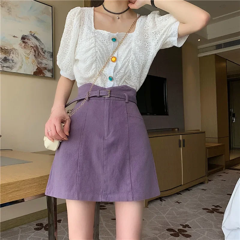 summer 2023 women purple denim skirts elegant high waist mini skirts with sashes a line skirt ladies female solid jean skirts Summer 2023 Women Purple Denim Skirts Elegant High Waist Mini Skirts with Sashes A-line Skirt Ladies Female Solid Jean Skirts