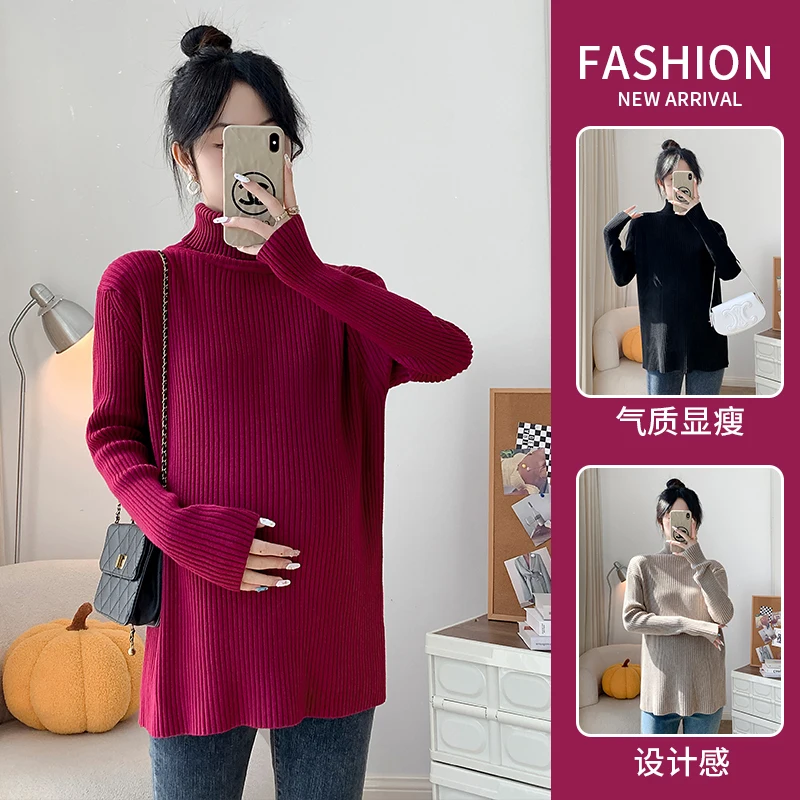 High Neck Womens Maternity Coats Sweaters Solid Thick Warm Materity Tops for Pregnant Women Pregnancy Tops