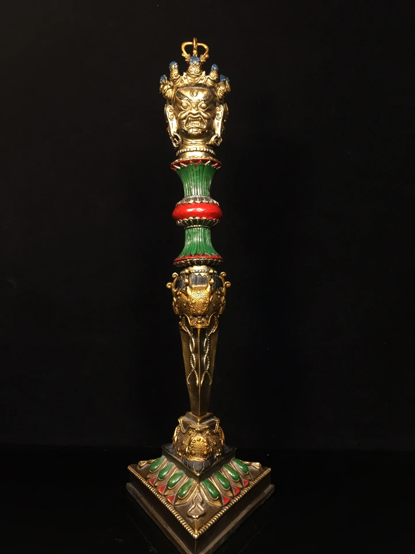 

21"Tibet Temple Collection Old Bronze Painted Mahakala Head Dorje Vajra Phurpa Amulet Dharma Base Worship Hall Town house