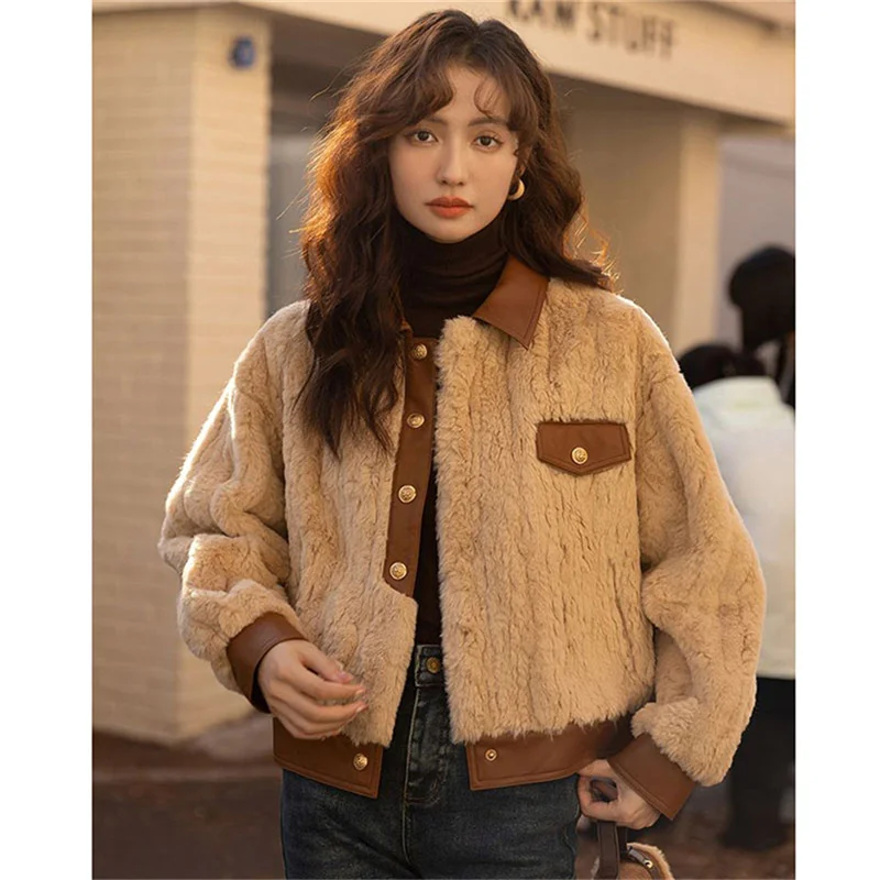 

High Quality 2024 Autumn Winter New Women's Lamb Hair Combination Leather Short Thick Coat Imitation Fur Jacket Milk Tea Color