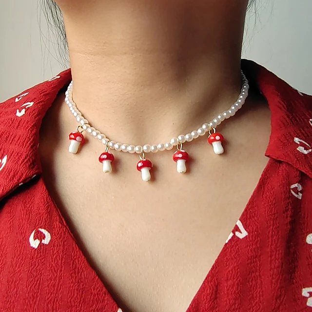 Women Beads Handmade Necklaces Pearl Glass Mushroom Pendant Jewelry Gift |  eBay
