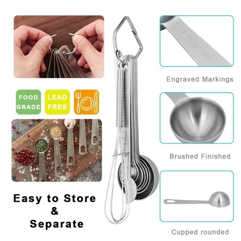 9Pcs Stainless Steel Measuring Spoons Scoop With Mini Whisk Stackable Baking Seasoning Spoon Coffee Tea Kitchen Measuring Tool