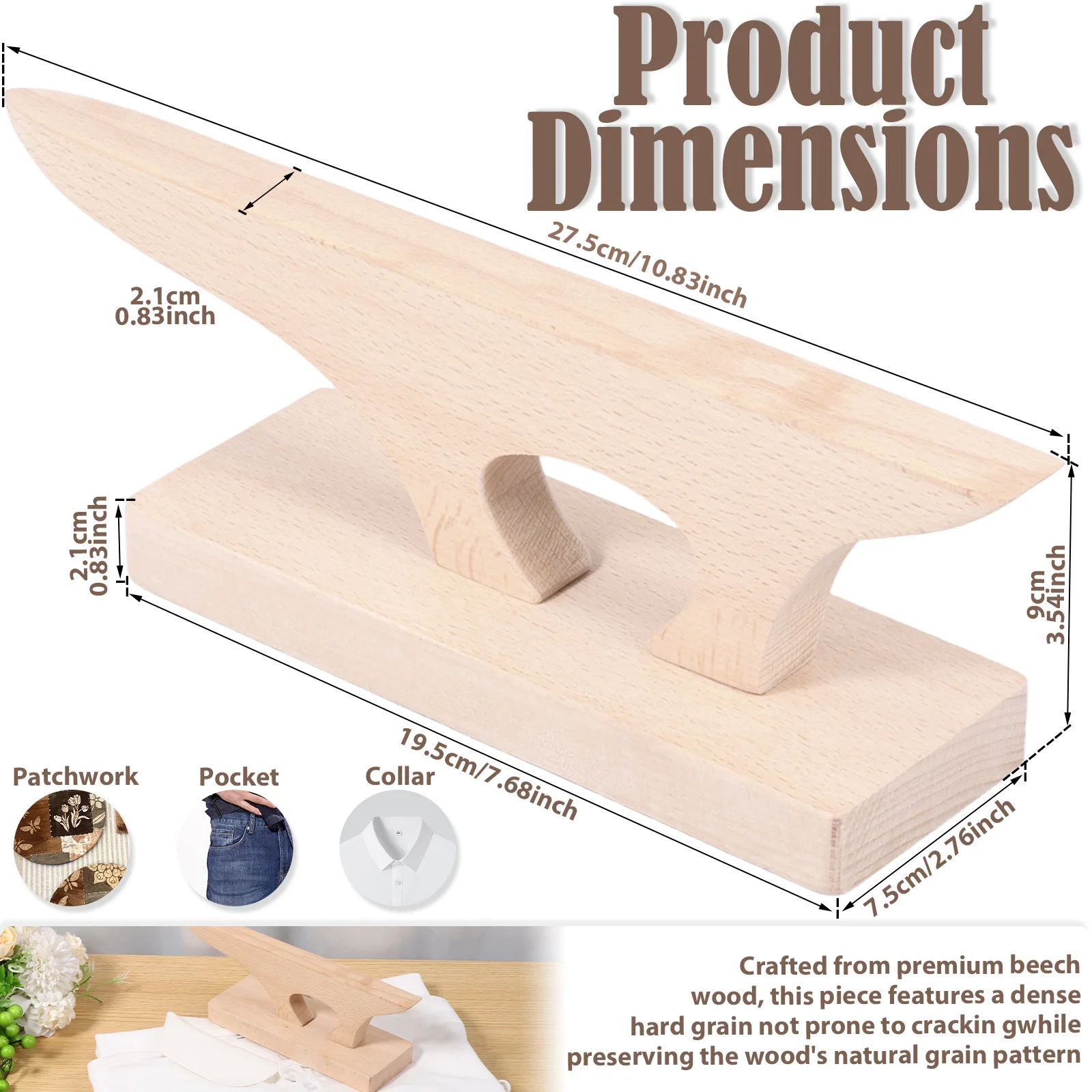 2 in 1 재단사 포인트 프레스 클래퍼, 이중 기능 너도밤나무 재단사 포인트 프레서 및 패브릭 솔기와 모서리용 두드림 블록