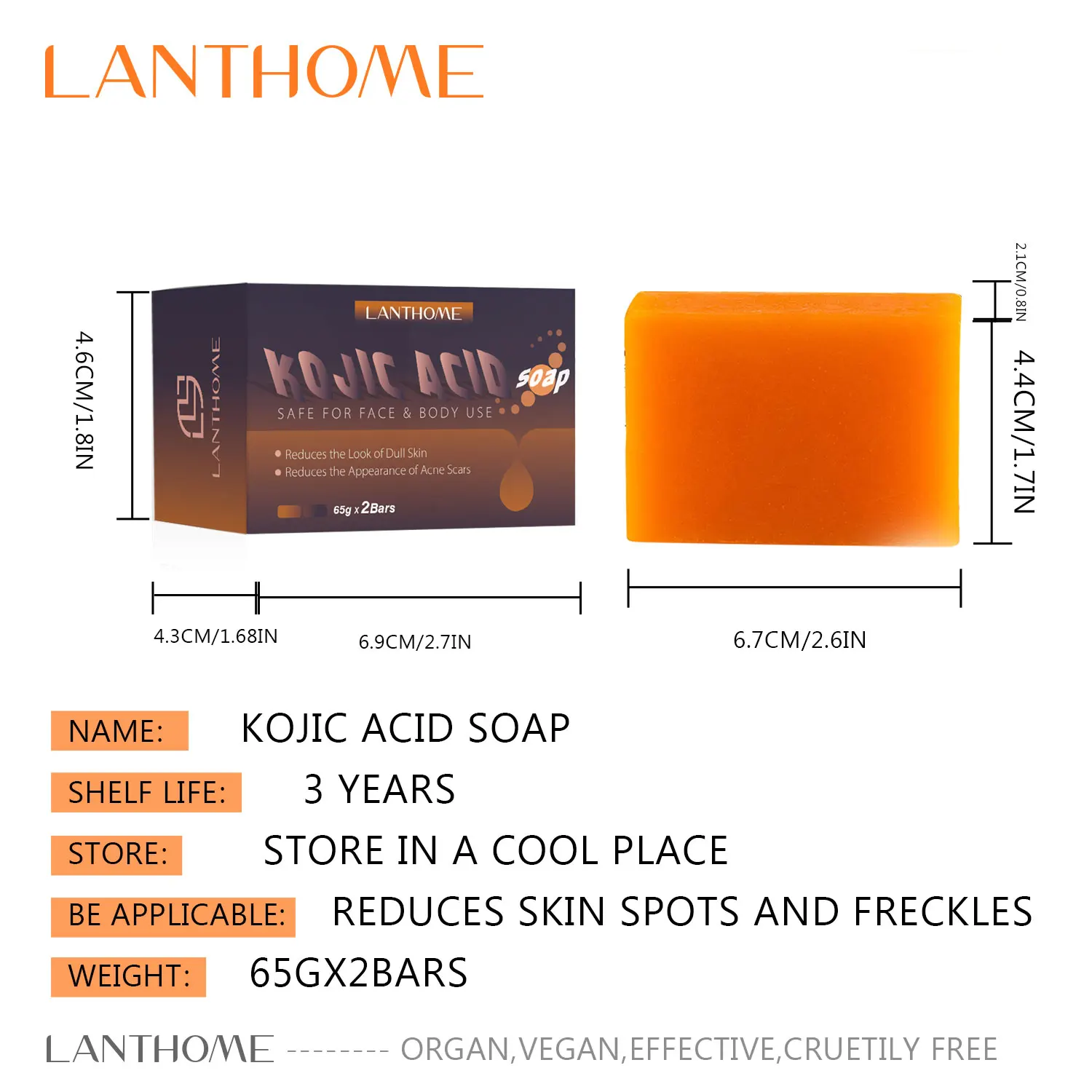 2x65g Lanthome Kojic Acid Dark Spot Freckle Remover Soap Bars Retinol Anti Aging Whitening Hand Make Brighten Soap For Underarm images - 6