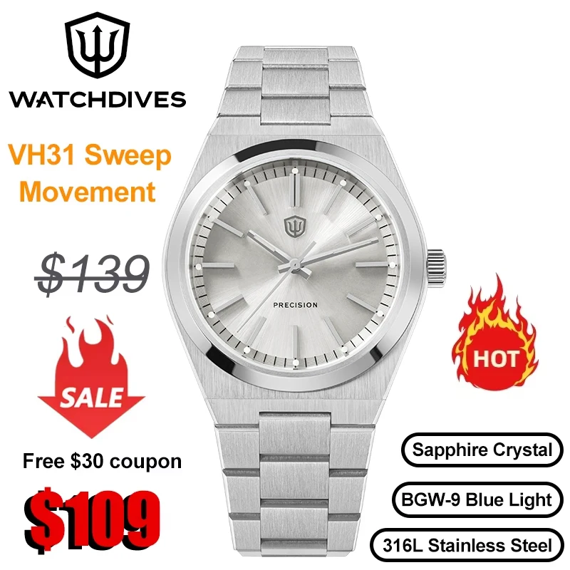 Watchdives WD0012 Quartz Watches VH31 Sweep Movement New Sapphire
