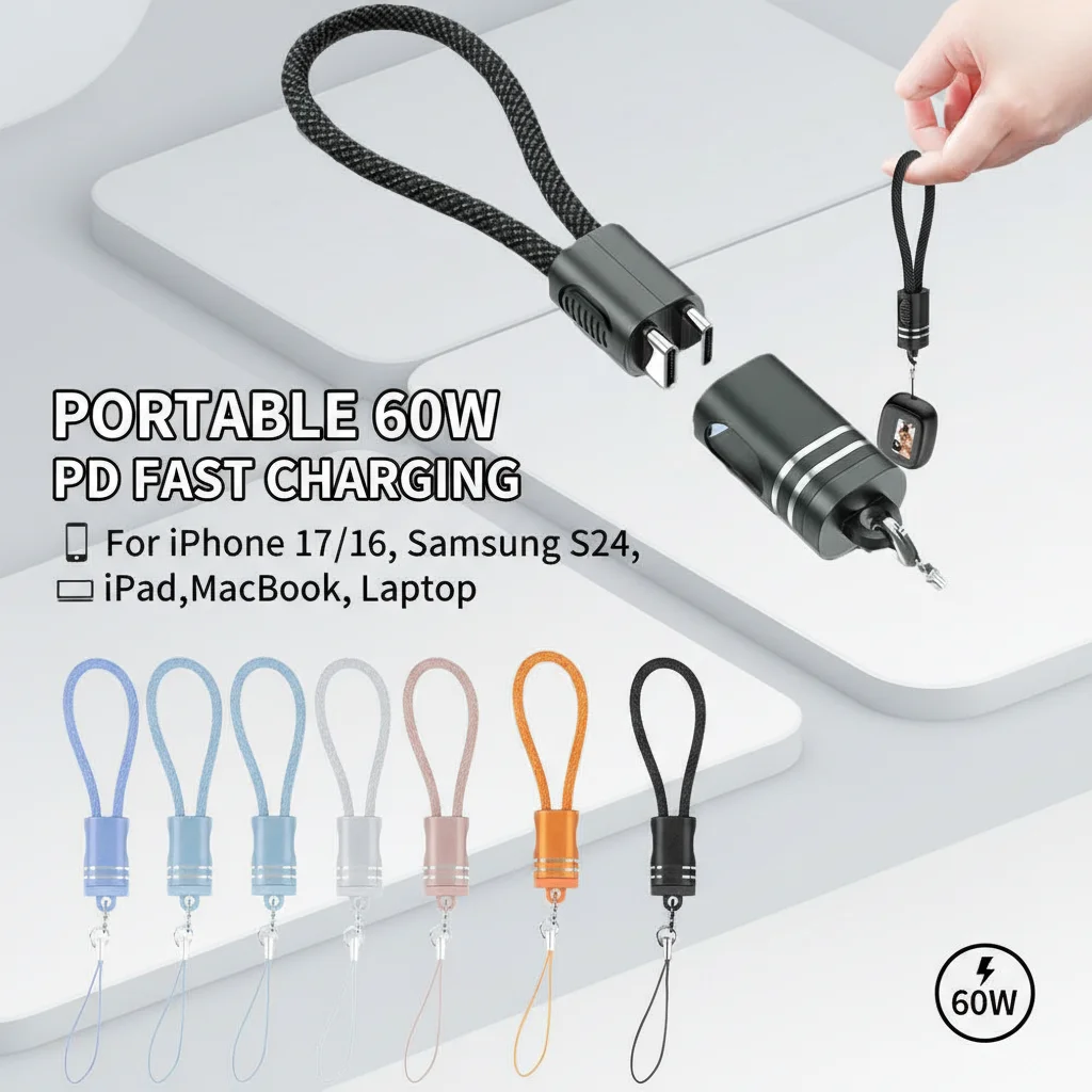 휴대용 60W USB C to USB C 케이블 키체인 PD 고속 충전 숏 타입 ..