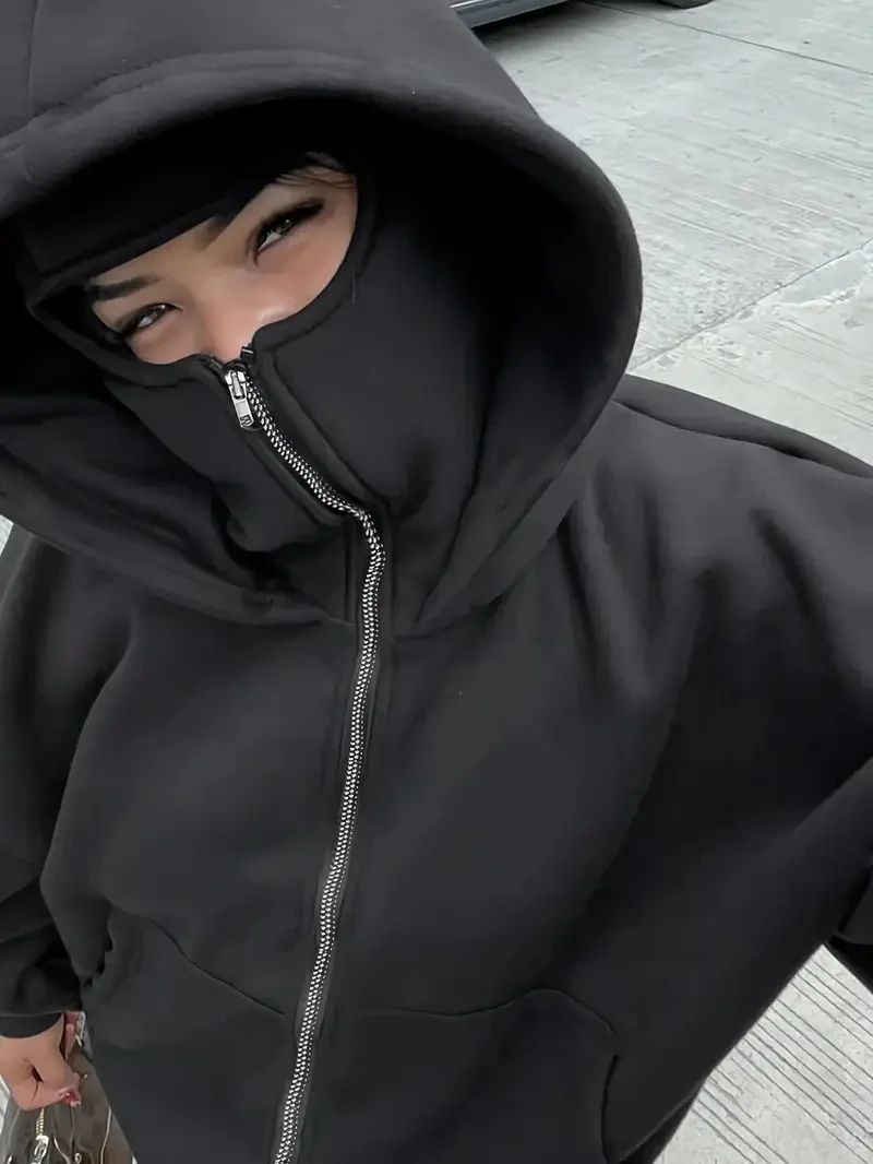 가을 겨울 여성 후드티 트레이닝 스웨트셔츠 이중 후드 스웨트셔츠 마스크 후드 지퍼 가디건 스포츠웨어 따뜻한 여성 코트