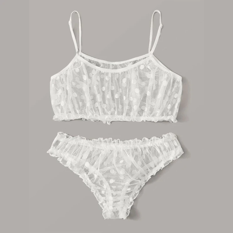 Women Exotic Costume Lace Underwear Sets Babydoll Lingerie Polka Dot Mesh Frill Trim Lace Lingerie Set Top Transparent Bra women lingerie
