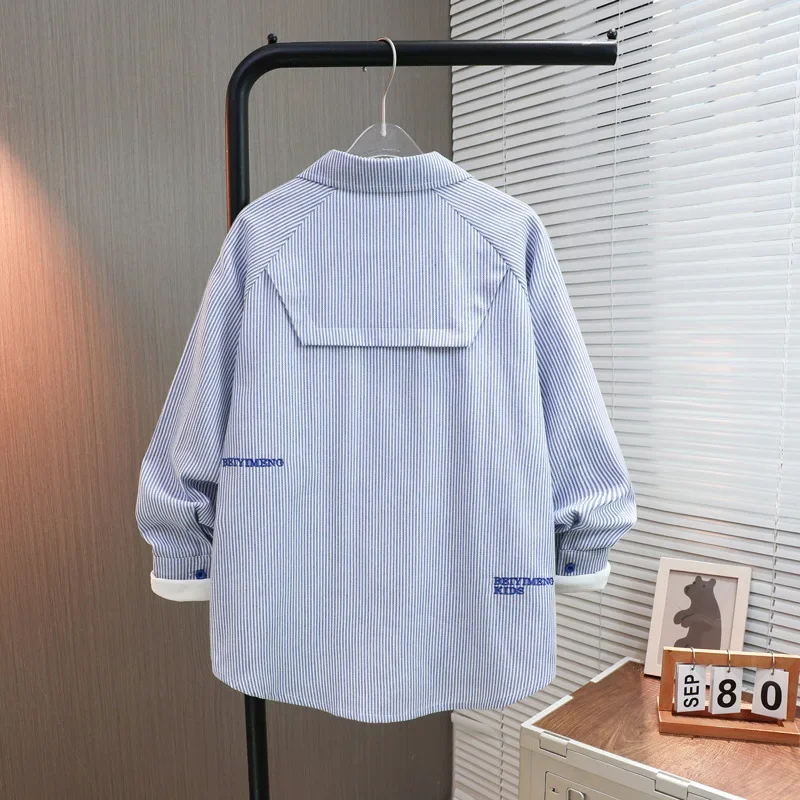 Boys Stripe Shirt Embroidered Children's Fashionable Trendy Top Middle Big Kids Korean Style Outerwear Autumn