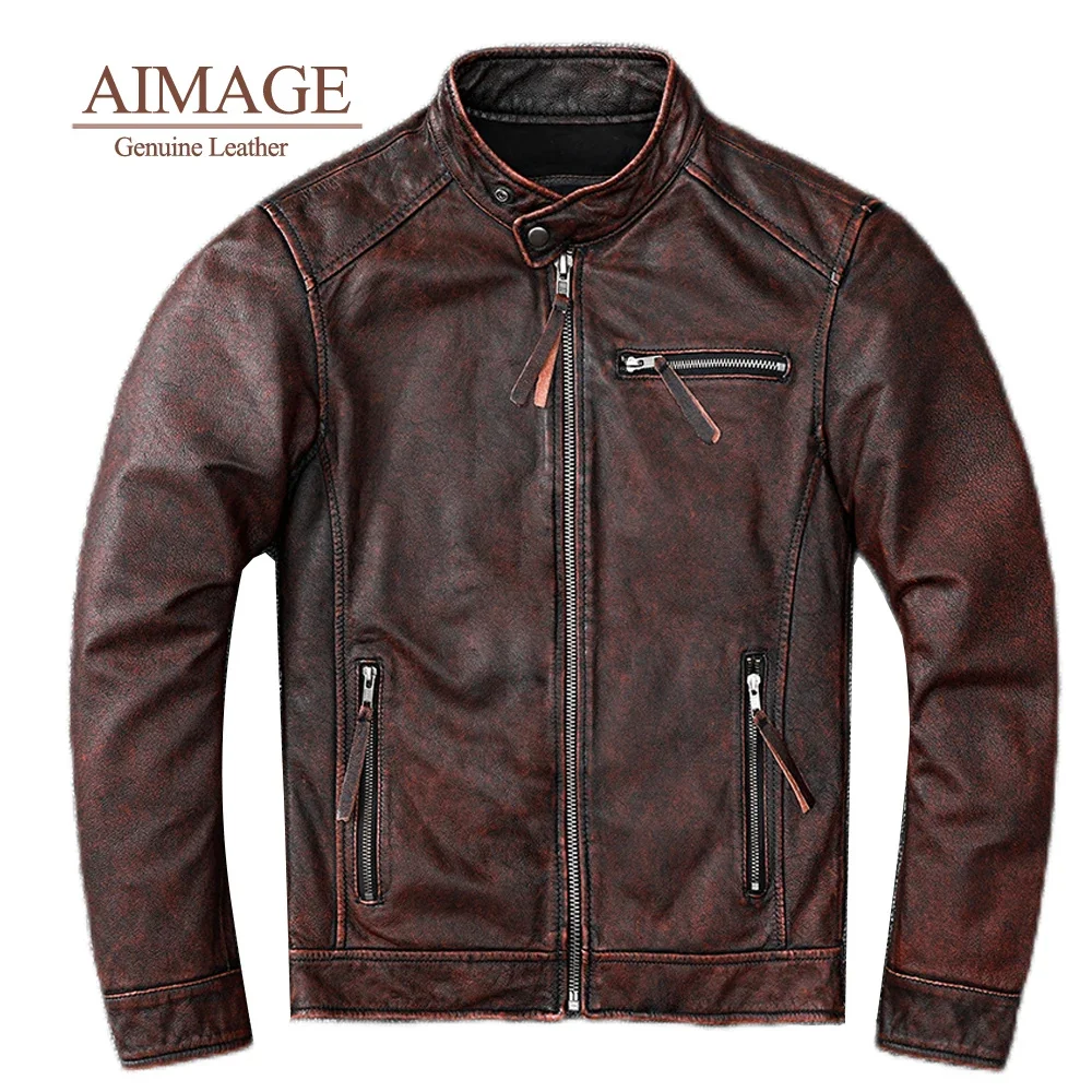 

Real Cowhide Jaqueta De Couro Masculino Retro Standing Collar Genuine Leather Jackets For Men Casual Autumn Top Gun PY319