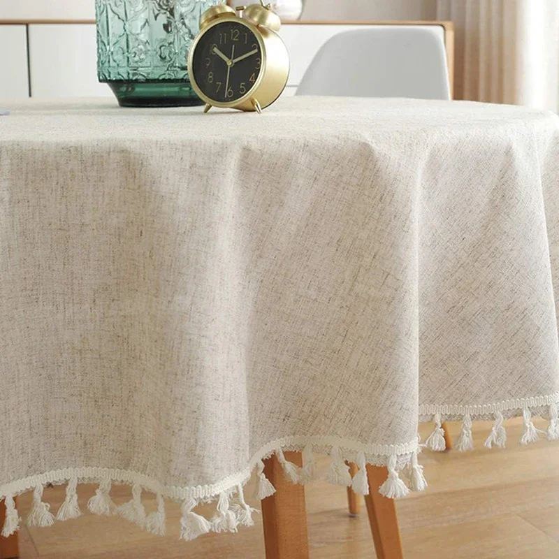 Solid Color Round Tablecloth Cotton Linen Fabric Tassel Dust-Proof Table Cover for Kitchen Dinning Farmhouse Tabletop Decoration - Image 5