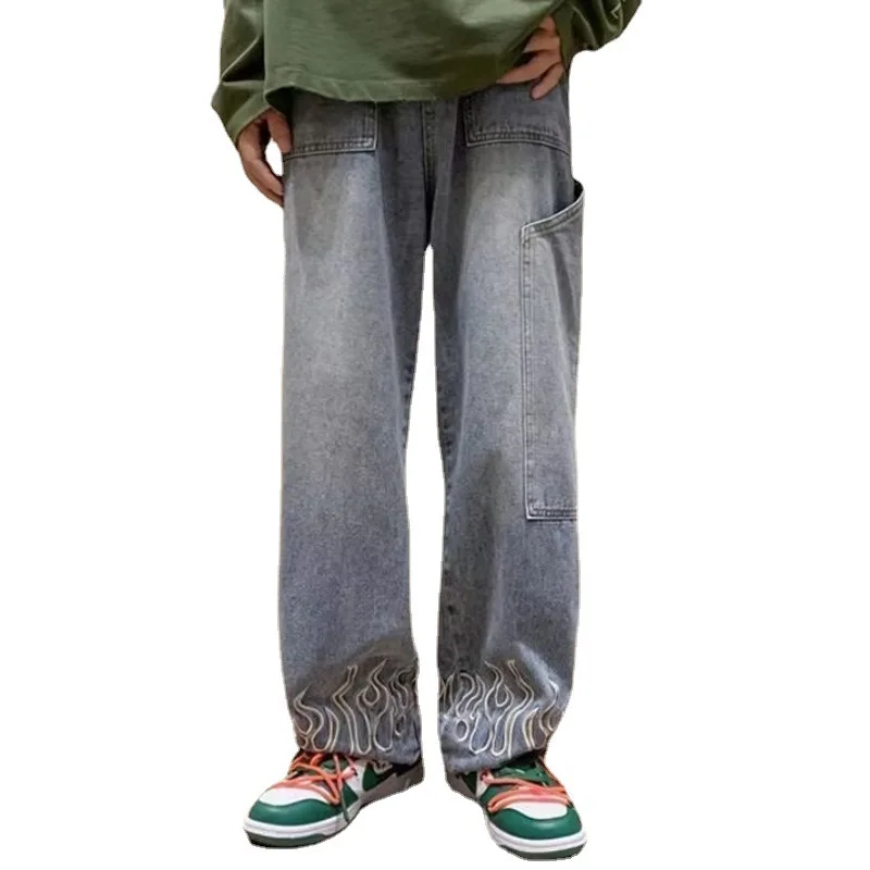 

Straight Denim Pants Baggy Jean Man Y2k Loose Oversize Streetwear Flame Embroidered Trousers Male Wide Leg Relaxed Harajuku
