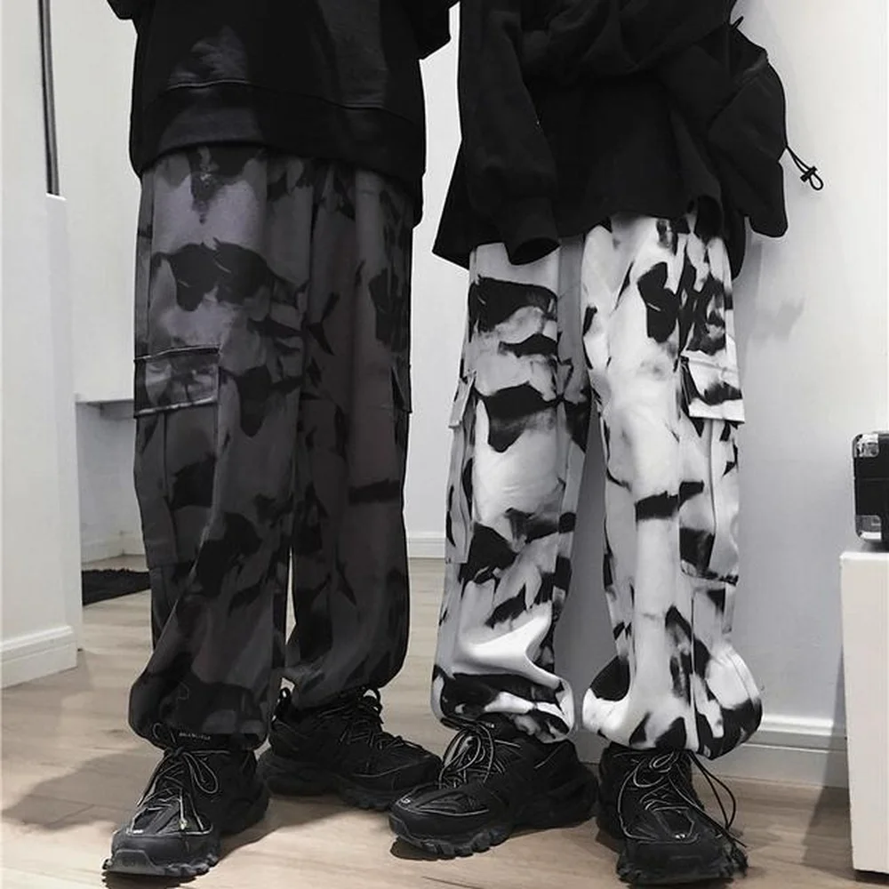 

Korean Wide Leg Pants Women Harajuku Streetwear Vintage Tie Dye Cargo Pants Plus Size Loose Casual Couple Trousers Big Pockets