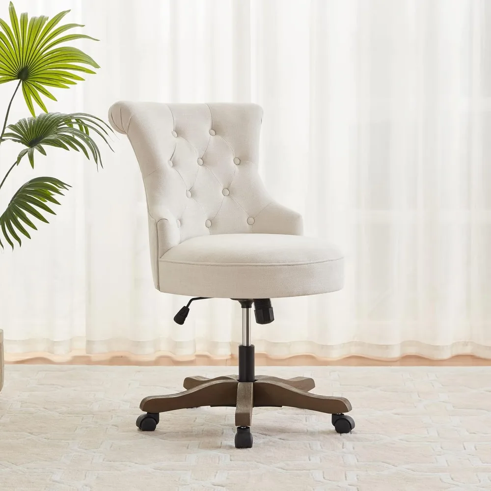 Home Office Chair Adjustable Height Swivel Chair with Wheels Linen Fabric Upholstered Computer Desk Chair with Wooden Legs 4