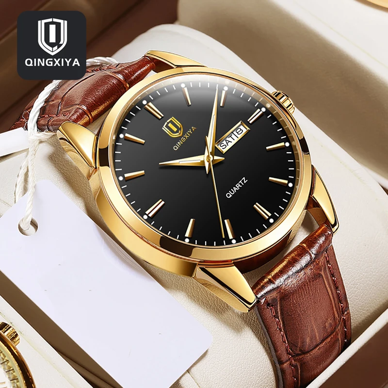 QINGXIYA Business Men Quartz Watch Fashion Leather Strap Waterproof Luminous Week Date Mens Watches Top Brand Luxury Wristwatch kinbor linglan flower week plan notebook pu leather high appearance efficiency booklet daily calendar libretas kawaii papeleria