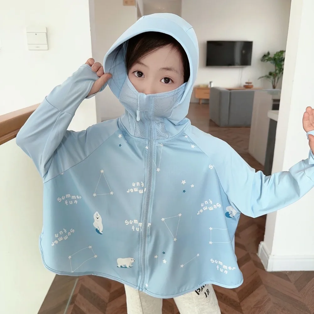Description Picture 6 of itemHat Kids Sunscreen Hoodie with Mask Veil Long Sleeve Thin Children Sun Protection Clothing Crop Top Arm Sleeves