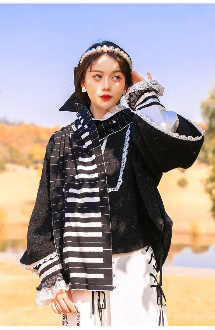 Keys scales Double sided rectangular scarf shawl Black and white piano jacquard knitting autumn and winter warmth