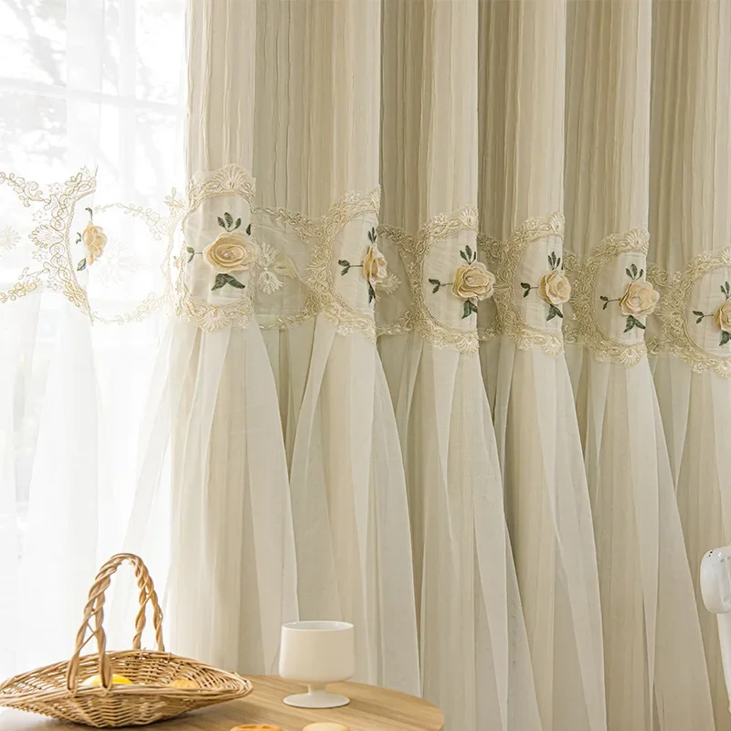 French Lace Double-layer Milk Tea Embroidered Yarn Splicing Curtains for Living Room Bedroom French Window Customized Products