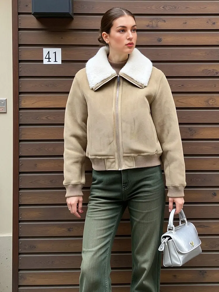 HH Women Elegant Fashion Khaki Coat Turn-Down Collar Long Sleeve Zipper Jacket Female Autumn Winter Warm Thick Outwear