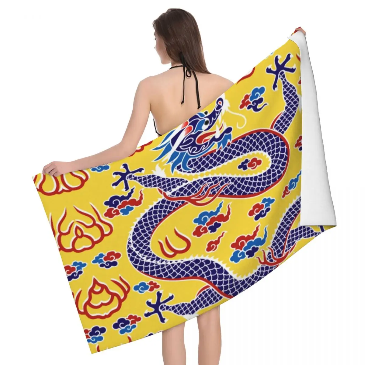 

Dragon Yellow Beach Towel Mystery Microfiber Mysterious Ancient Animals of Asia Bath Beach Towel for Beach Pool Camping Travel