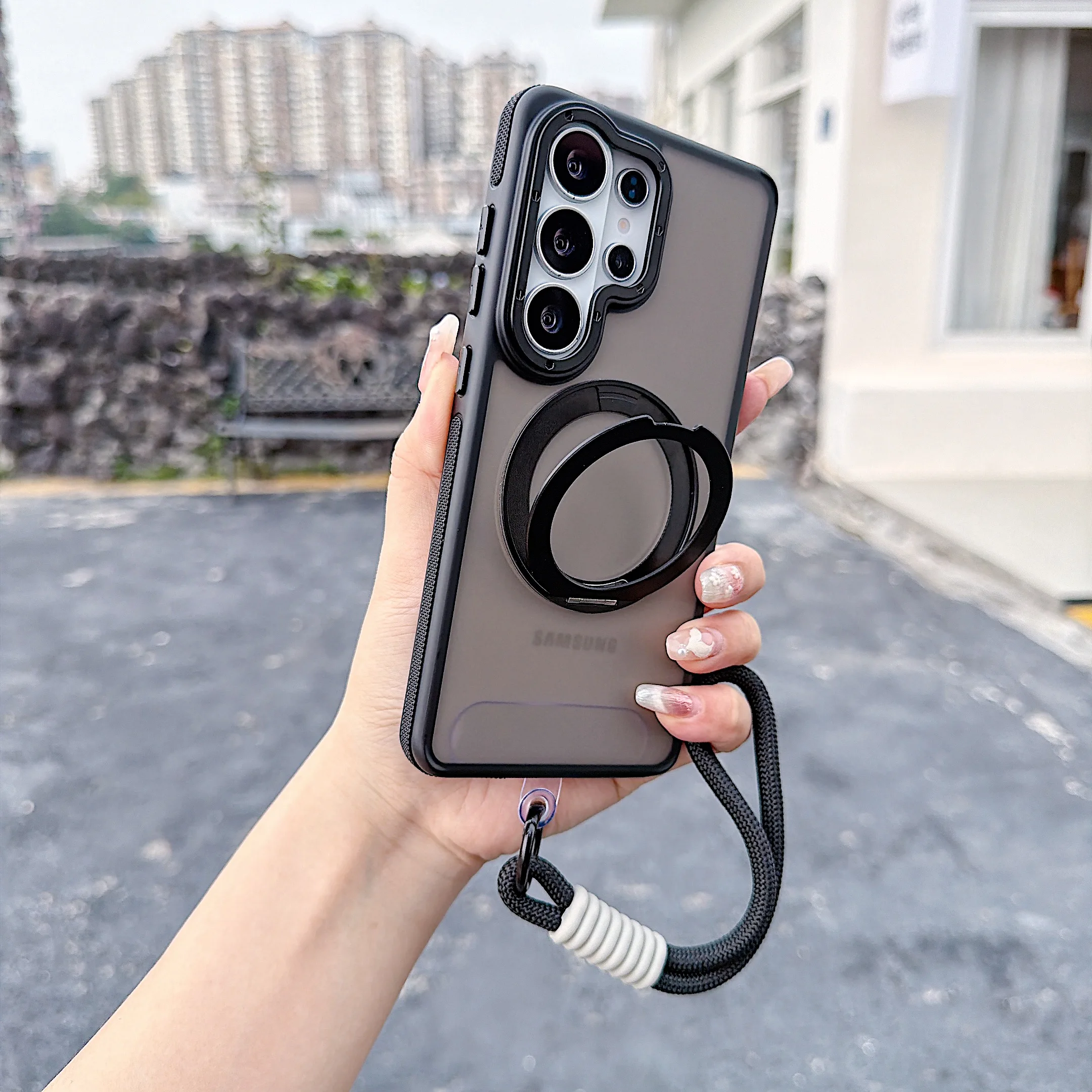 Matte Phone Case with 360° Rotatable Magnetic Kickstand and Lanyard - Protective Cover