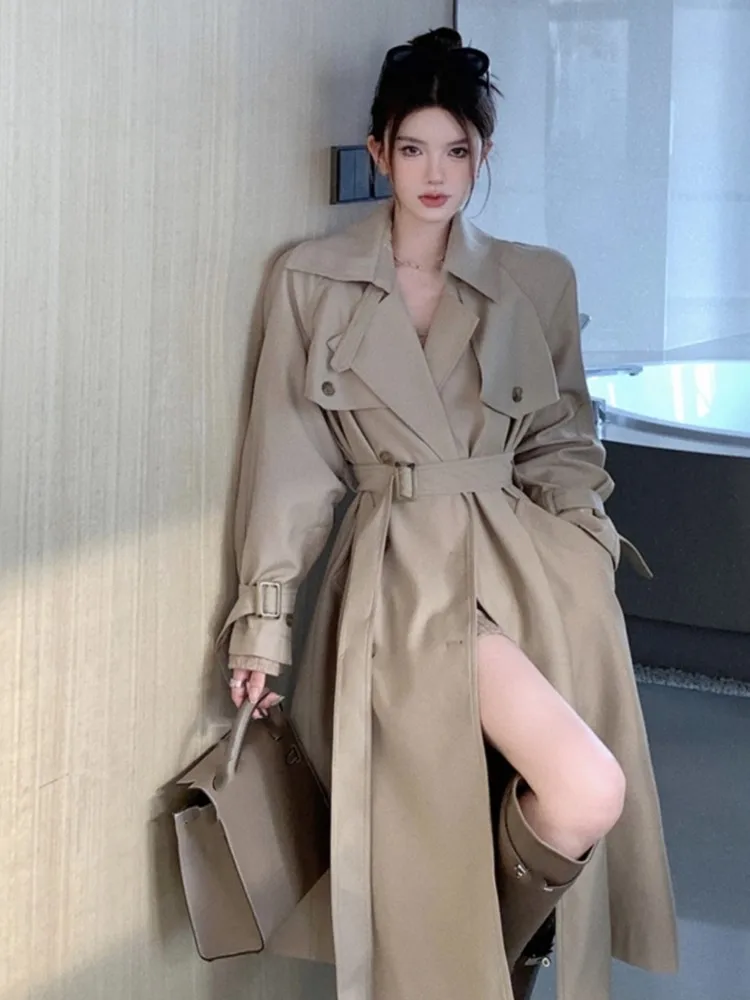 

Women Casual Khaki Long Trench Coat With Belt New Autumn Winter Office Lady Elegant Cloak Wear Loose Coat Fashion Outwear